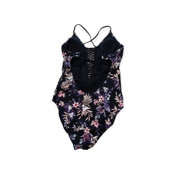 AMBRIELLE Floral One Piece Swimsuit Cut Out Back Modest Built Padded Bra M - Picture 2 of 7